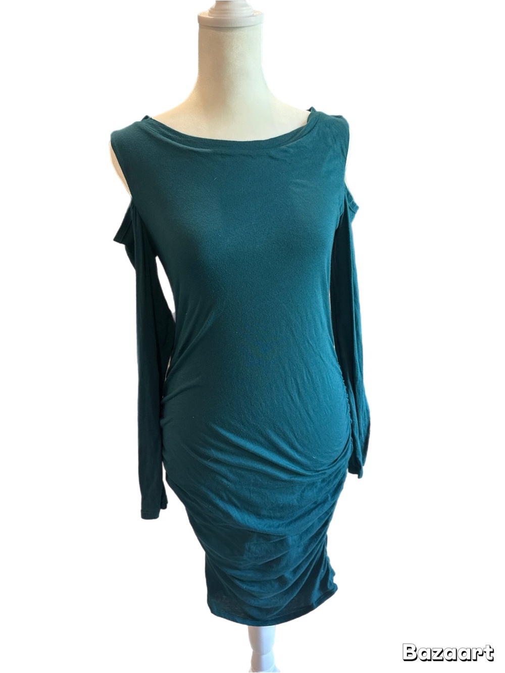 Velvet Teal Cut Out Shoulder Ruched Midi Dress